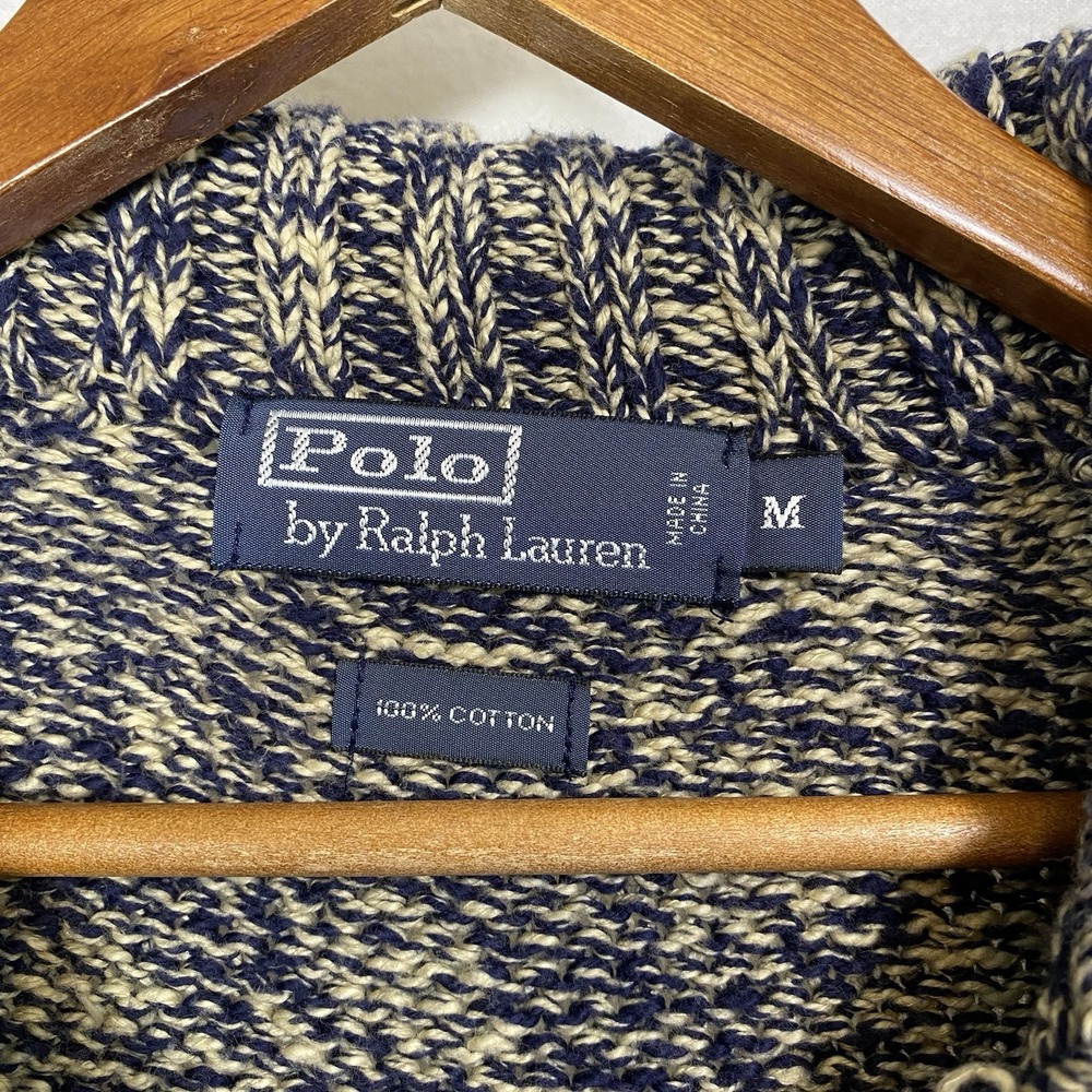 VTG Polo Ralph Lauren Mens Medium Shawl Collar Sweater Marled Blue Chunky Knit M - Picture 2 of 6